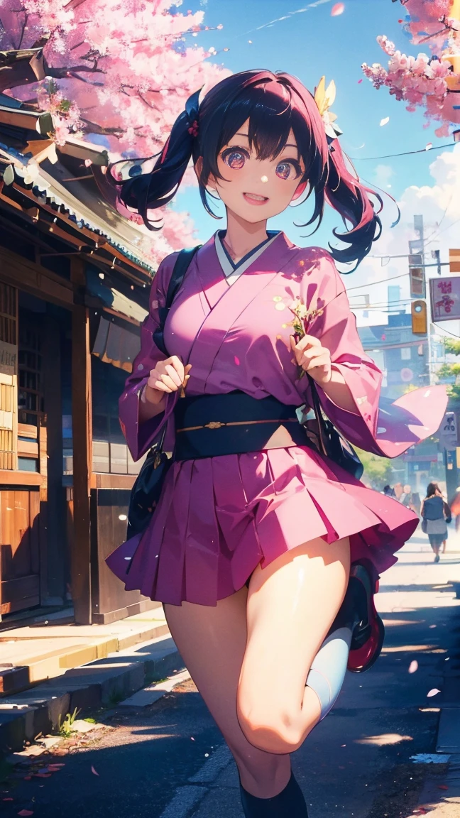 1 anime girl, alone,Black petals flutter, A mysteriously shining butterfly.city,bright pink hair,red gem eyes,long twin tails,thin legs,very clear,highest quality,辺り一面のcherry blossoms,都city,cherry blossoms,cherry blossomsミク,beautiful morning,Asahi,close up face,Sunny,jumping,smile,kimono