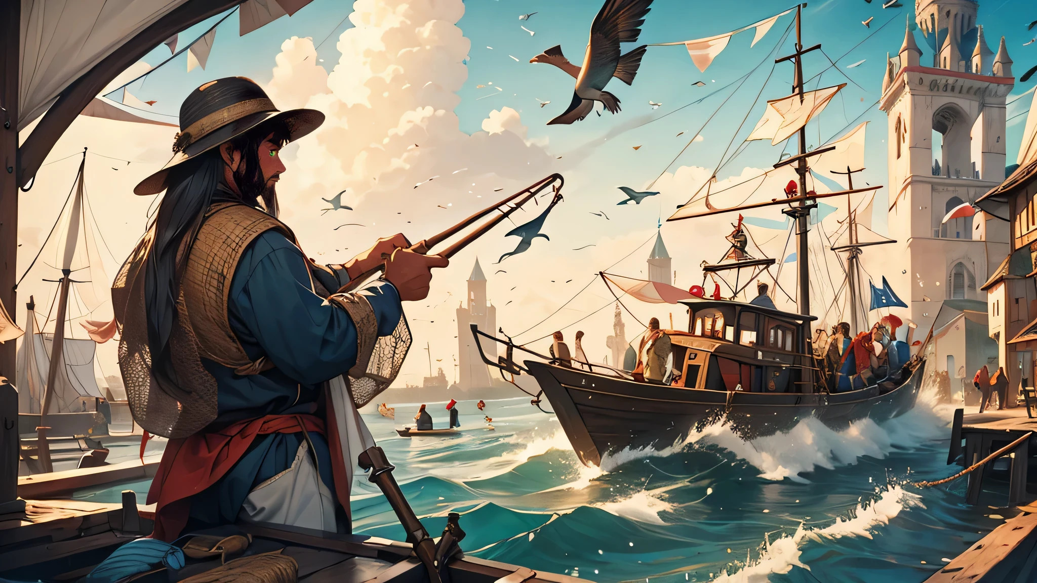 fishermen lifting nets full of caught fish, atmosphere during the day, medieval theme