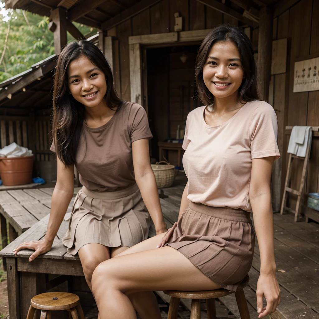 Realistic photo depicting 1 Indonesian woman, villager, poor woman, 52 years old, wearing peach color t-shirt, wearing peach color long pleated skirt, smiling, short body, curvier body, darker skin, long hair, smiling and sitting on a stool in the old wooden cabin in a dark forest, facing the camera, full body, making it very realistic and detail