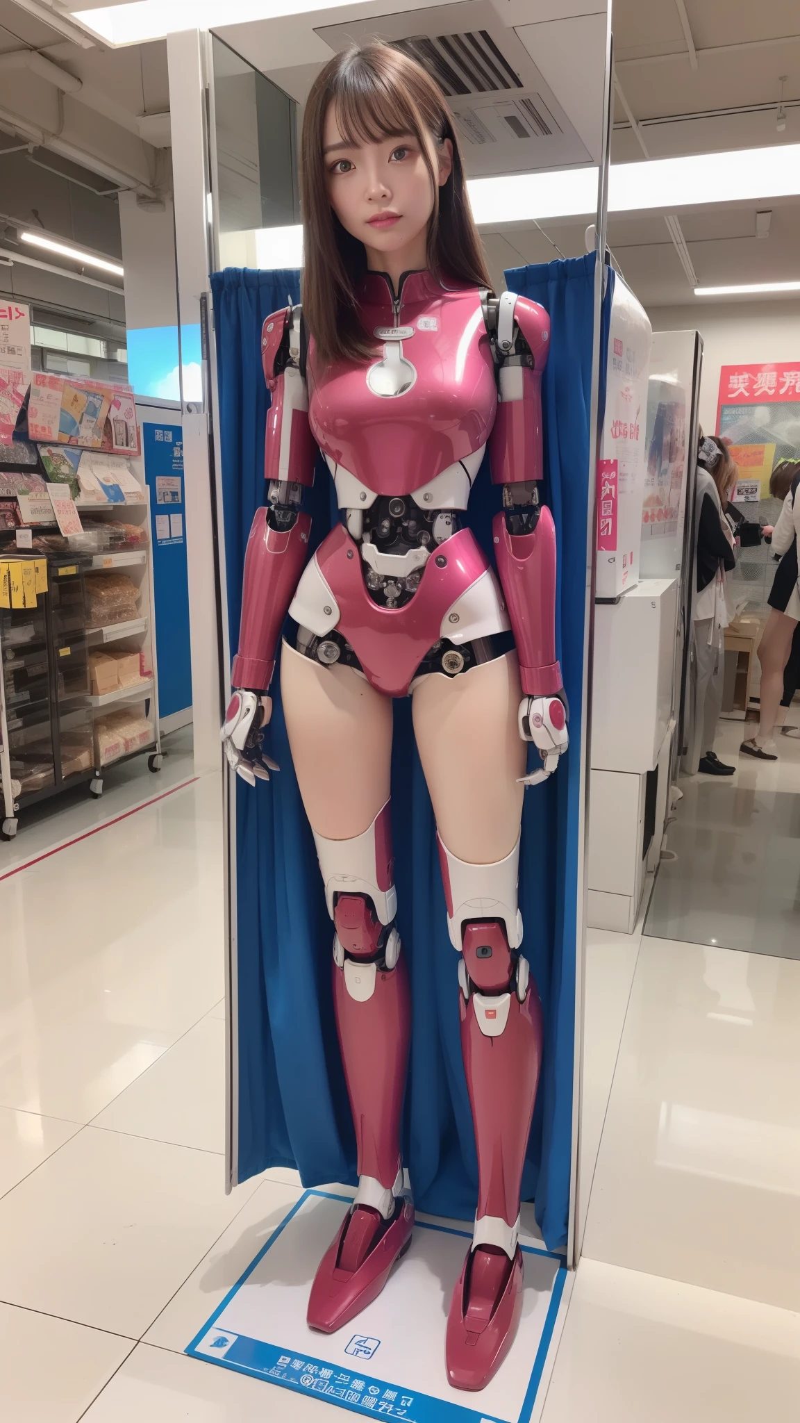 (Photorealsitic:1.4)、one robot woman、(top-quality)、(hyperdetailed face)、(Super well-formed face)、(Robot Parts)、(Female-Robot)、(25 years-old)、(Blue)、(pink there)、(Burgundy)、(metallic)、(full-body)、(sexy pose)、(Slender body)、(Model body type)、(full body mech)、(mechanical exposure)、(Akihabara)、(is looking at the camera)、(A brown-haired)、(Well-proportioned body)、(a small face)、(a small head)、(well-groomed fingers)、(Idol)、(front facing)、(Standing with legs open)、(Photo session)、(Looks sad)、(perfect-female-robot)、(perfect-mechanical-body)