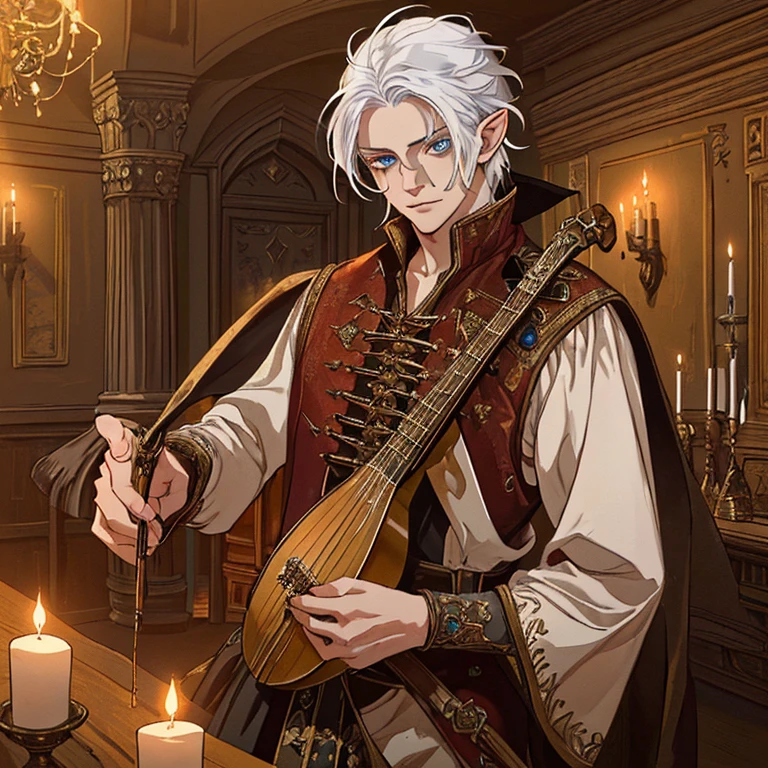 (a race tiefling with) white hair, (striking) blue eyes, and a handsome face, (with) horns protruding from his forehead and elf ears peeking through his tousled hair. (He is) dressed in (traditional) middle ages attire, (wearing) a (stylish) bard costume. (His) muscular frame (shows signs of) scars from countless adventures.
(He stands in) a dimly lit chamber, (filled with) ancient manuscripts and mystical artifacts. (The room is) decorated with tapestries depicting epic battles and mythical creatures. The air is heavy with an arcane melody as he gracefully plucks the strings of a lute instrument (in his hands).
(The) soft glow of candlelight (illuminates) his face, (highlighting) the intensity in his eyes as he loses himself in the music. The room resonates with the enchanting melody, transporting all who listen to distant realms and forgotten tales.
(The) intricate details on his instrument (showcase) the master craftsmanship of the lute, with (each string) finely tuned and (every) delicate curve perfectly carved. It is a tool that he wields with both precision and passion, bringing life to his enchanting melodies.
Surrounded by his musical companions, a band of diverse adventurers, his talents as a bard have earned him a reputation as a storyteller and healer, (as well as a source of inspiration) on their epic quests. With his lyrical prowess and charming charisma, he leads the group on their journey through the realms of dungeons and dragons.
The colors in the scene are vibrant and rich, (with) deep crimson fabrics draped over wooden furniture, (contrasting) with the bright hues of the tapestries. (The) warm, golden glow of the candlelight bathes the room in a cozy ambiance, casting long shadows on the stone walls.
(best quality,highres,ultra-detailed), (realistic,photorealistic), (portraits,concept art), (warm-toned, vibrant colors)