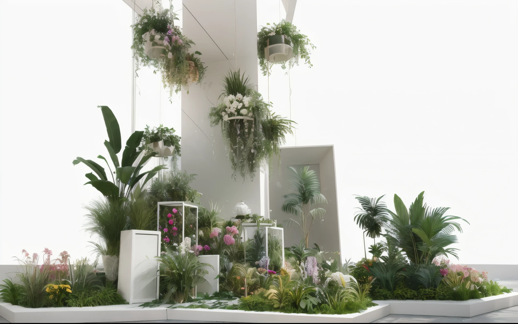 3D rendering of an art installation with plants and flowers, the design includes white vertical elements, green plants, components, tall central structure, wildflowers, ferns, background, interior empty minimalist colours, rectangular logo