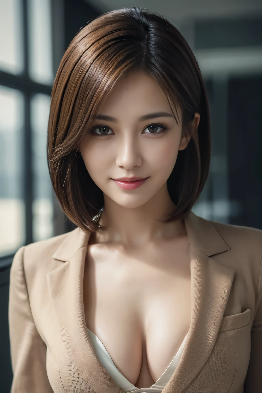 table top, highest quality, realistic, Super detailed, finely, High resolution, 8k wallpaper, 1 beautiful woman,, Light brown shorthair, wearing a business suit, sharp focus, perfect dynamic composition, beautiful and detailed eyes, thin hair, Detailed realistic skin texture, smile, close-up portrait, model body shape,cleavage