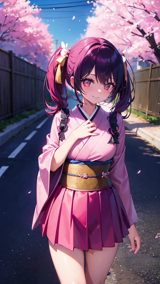 1 anime girl, alone,Black petals flutter, A mysteriously shining butterfly.city,bright pink hair,Red gemstone eyes,long twin tails,thin legs,Gloomy cloudy sky,very clear,highest quality,smile,辺り一面のcherry blossoms,stand on the road,cherry blossoms,turn to the side,cherry blossomsミク,beautiful morning,Asahi,face close up,smile,kimono