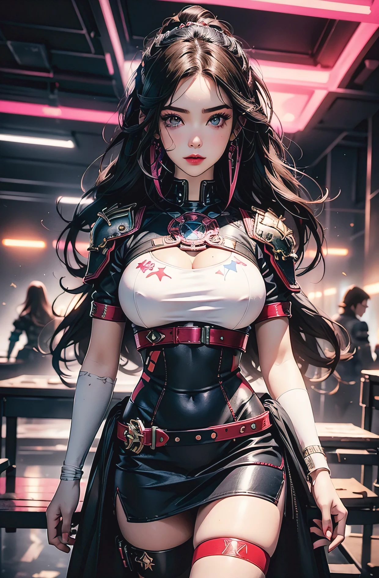 Pink and vibrant colors, Cyberpunk 25, perfection, smile, Shoulder pads with metal barbs, Brooklyn Bridge, Short short skirt, heavy metal inspired, White and gold crop top, heavy makeup, (fashionable mode girl:1.1), (artistic stylish professionally portrait photo:1.3), (artistic composition photo:1.3), Three young girls are posing in the classroom, Leather protection on the left arm with intricate graphics, Dark red with white stars and white and navy checkered pattern, armor, intricate design, Hold the glowing orb