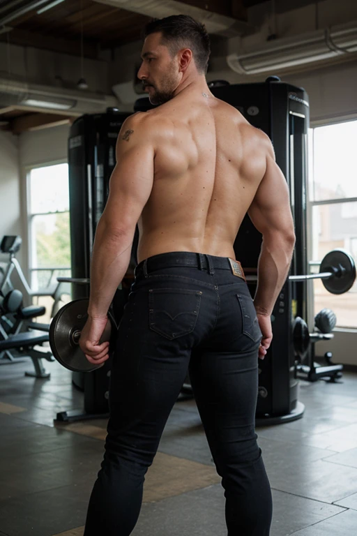 realistic photo of muscular and masculine man, 40 years old, full body, mustache, detailed face. In the gym. tigth black jeans shorts .backside
