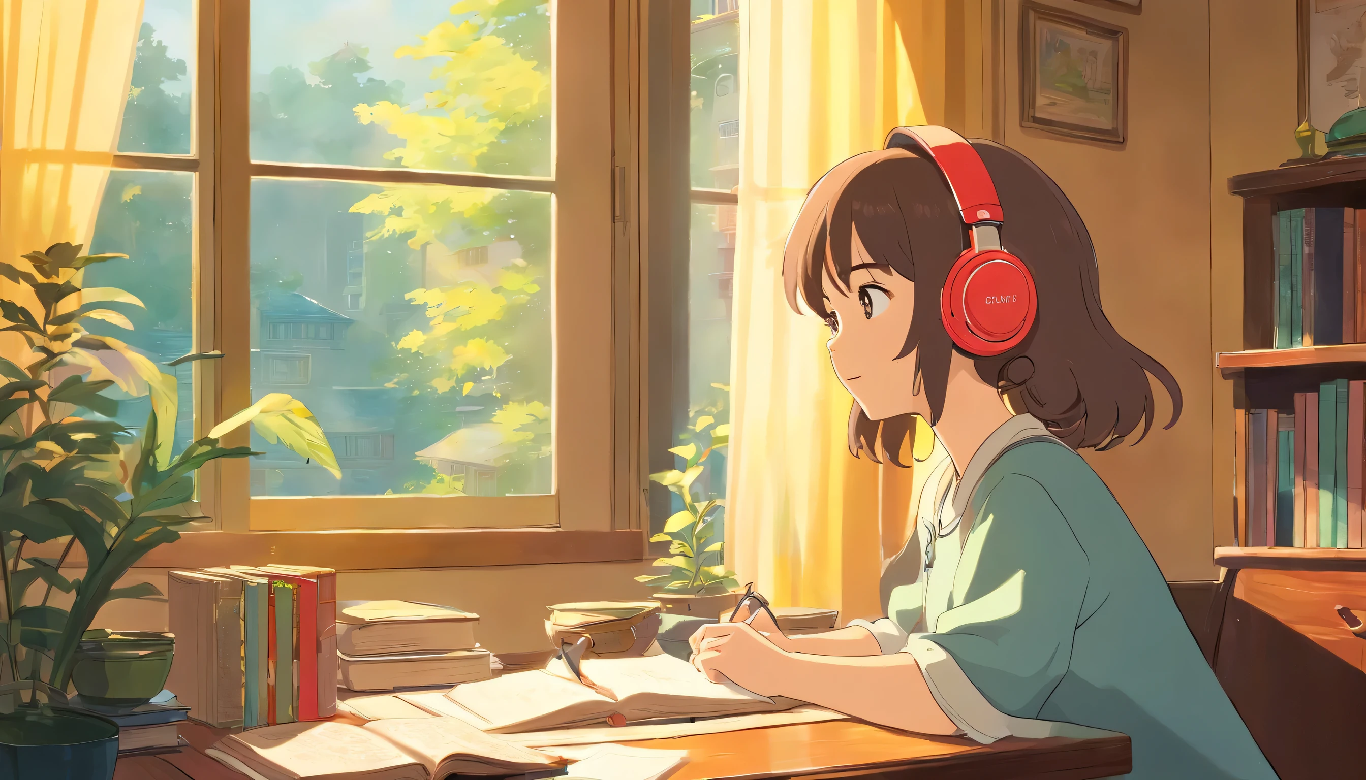 beautiful innocent girl,desk,books and stationery,headphones,listening to music,bright day,sunlight through window,window with curtains,cat chilling on the windows,retro colors,soft lighting, a cat looking outside the window