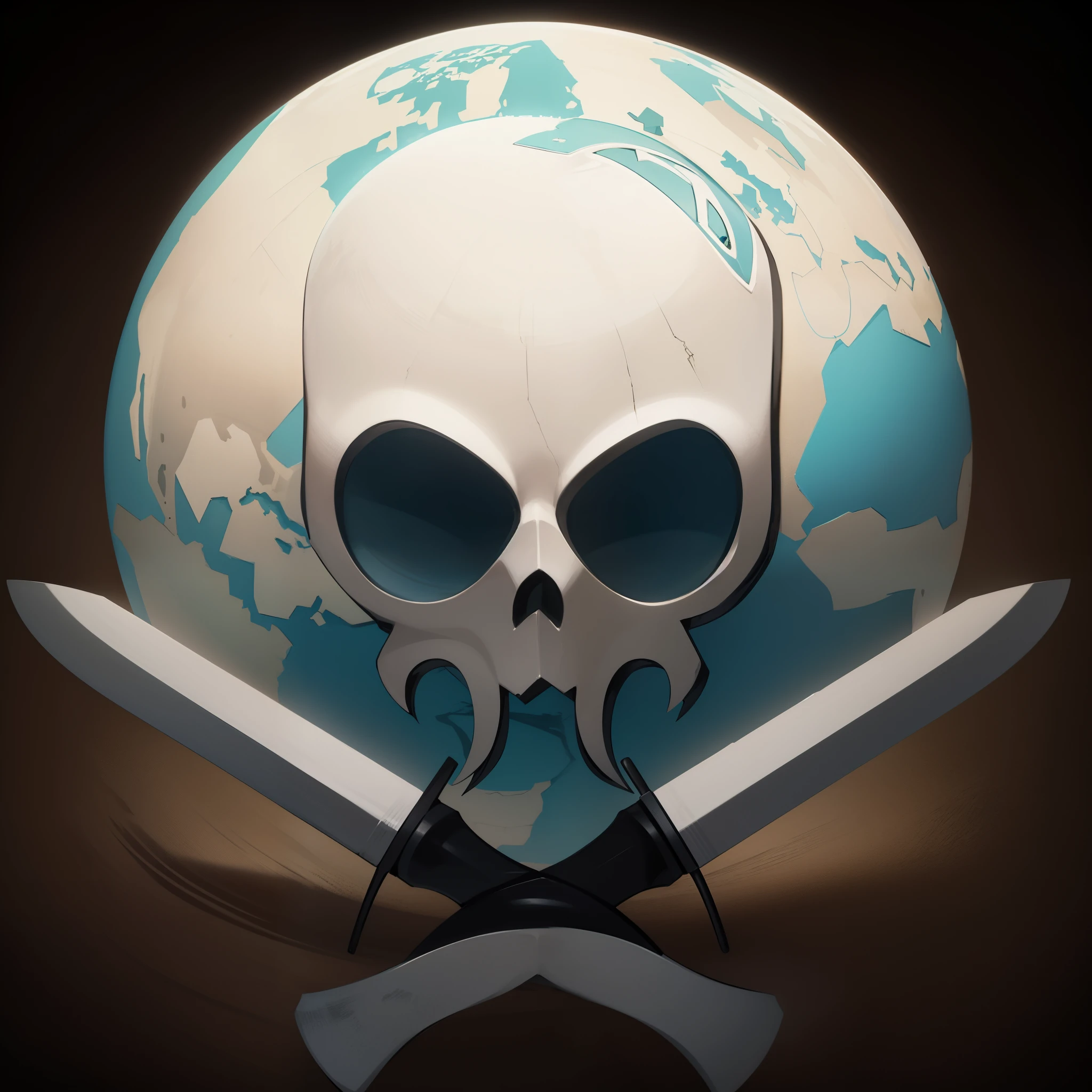 there is a skull and two knives with a globe in the background, dying earth, exterminatus on earth, post-apocalyptic earth, the world, ww 3, ww3, scythe design, invasion time on planet earth, free to kill and to die, world peace, skull, organ harvesting, dangerous, death of all, style of the game rimworld, transparent background