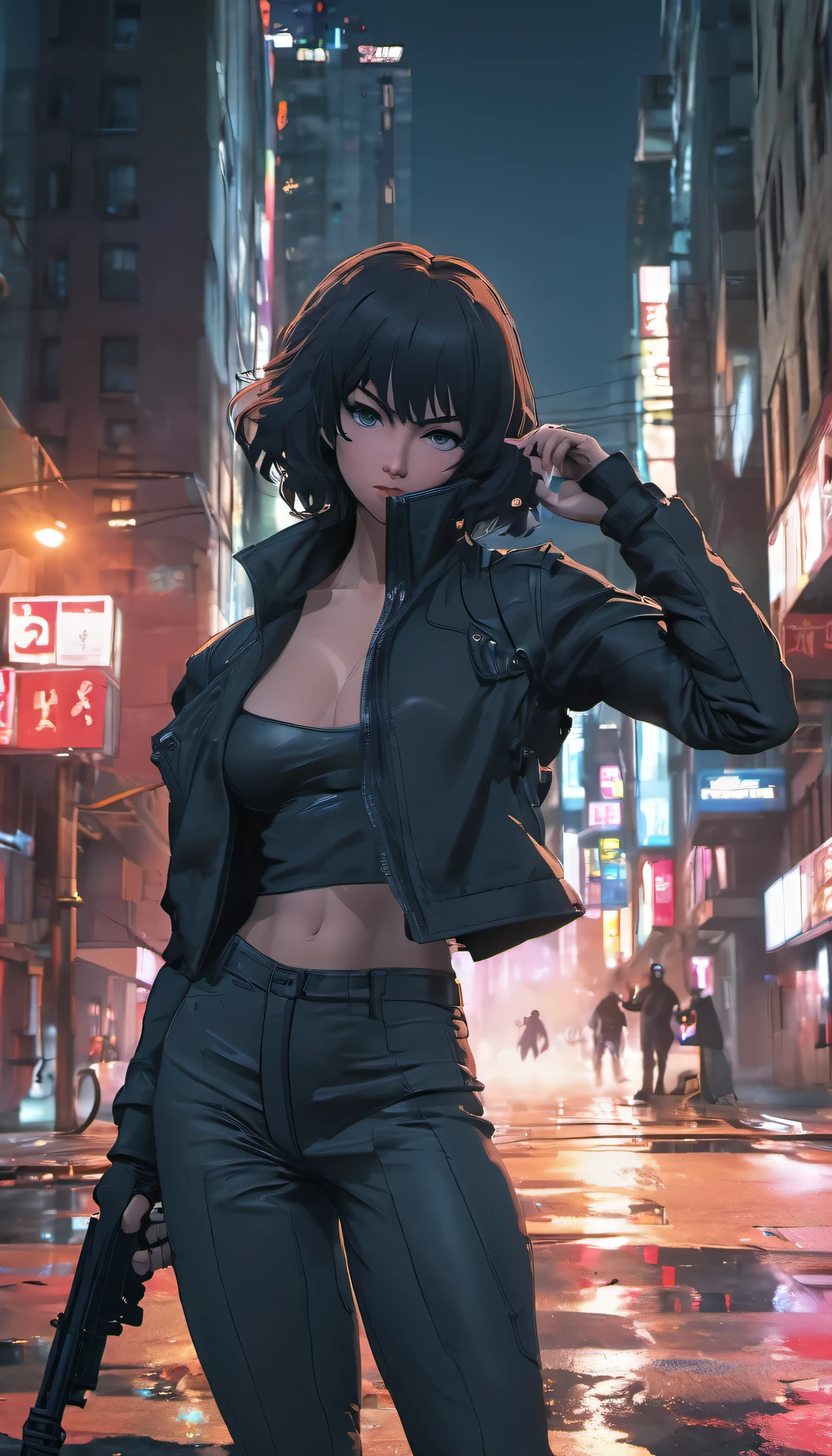 (masterpiece:1.2,best quality,Super detailed,Powerful backlight:1.3,contour:1.45),, , //Features, 1 Lone female mercenary,Ghost in the Shell Motoko Kusanagi,One eye glows red:1.2,The facial expression is full of murderous intent,looking down on the city.Black leather skinny suit:1.2, Hand holding a huge anti-tank rifle (winchester williams .50),standing posture,(Elevation viewing angle:1.35), , //background, in Rooftop of a building at night background:1.2,,8K,Unreal Engine 5.Unite.Octagon Renderer