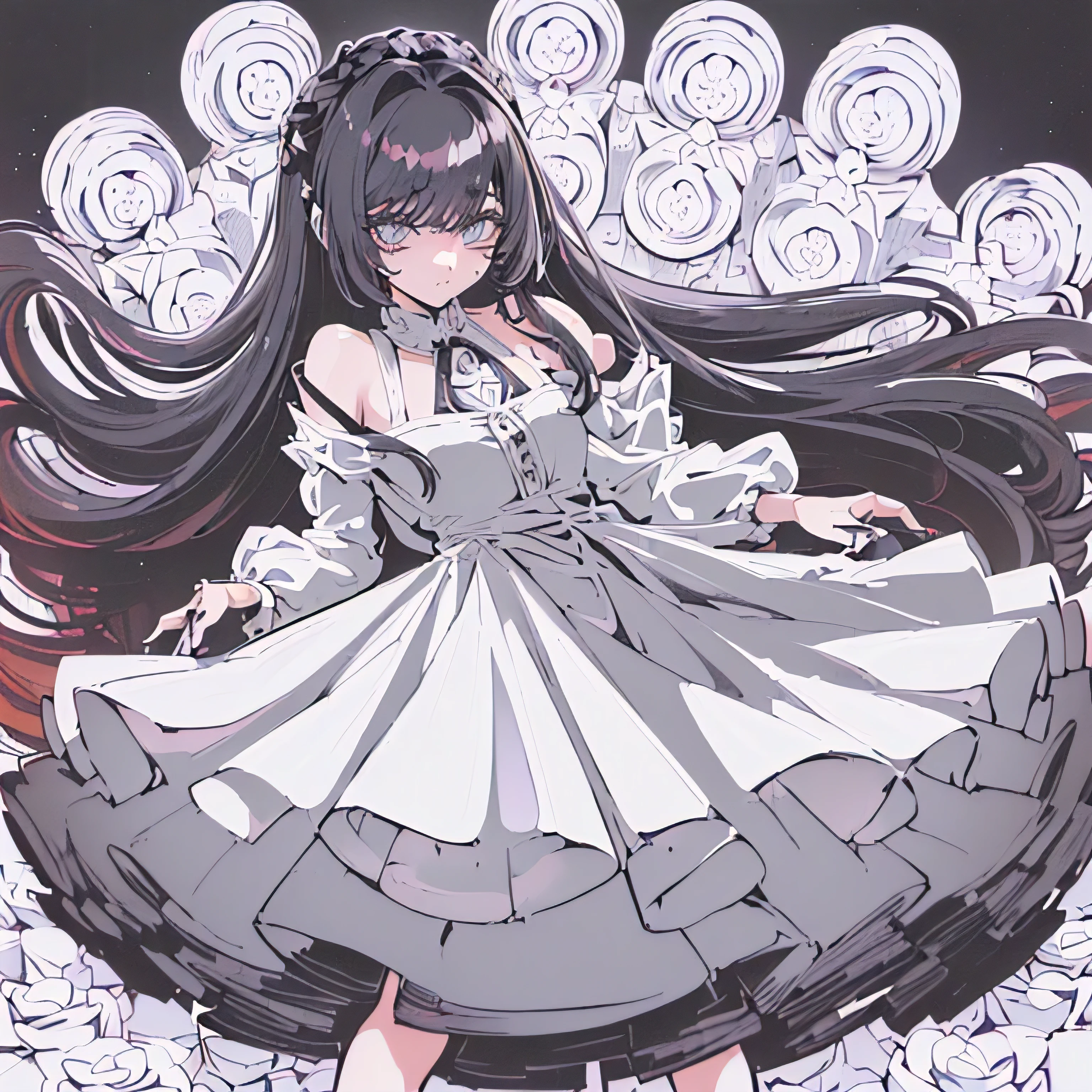 Garota, cabelo (((random hairstyle))), cabelo(((( black coffee (((longo))),(((vestido curto florido))),(((olhos grandes e castanhos))),(((peito grande)))), estilo (((manga preto e branco