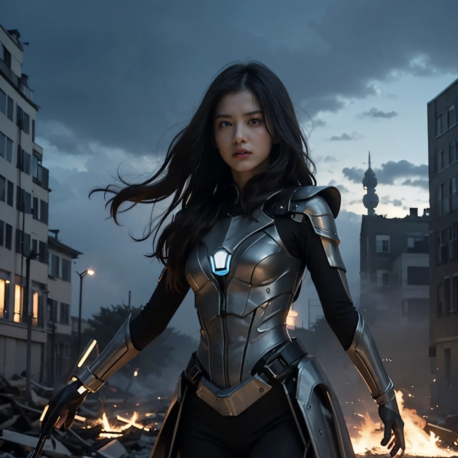(highest quality、4k、8k、High resolution、master piece: 1.2)、Super detailed、(real、photorealistic、photorealistic: 1.37)、Destruction of a Great City、(A telekinetic woman stands in front of a spaceship controlled by the invaders:1.37) 、(Women are young and beautiful、18-year-old、unparalleled beauty:1.5)、Insert mental barriers to resist robot attacks、vibrant cityscape、Bright colors、Shining skyscrapers、busy street、Futuristic architecture and technology、Advanced holographic display、Neon light splashes 、dramatic lighting、intense shadow、Awe-inspiring power that exudes from women、Determination in His Eyes、An elegant flowing gown、Dynamic action in the wind、Reach out and rush towards the robot.、A powerful energy emanates from the hands、Blue glowing aura、sparks of electricity、electricity crackling in the air、A vortex of energy surrounding a woman、A fascinating and surreal atmosphere、A sense of danger and impending destruction、Background chaos and destruction、Crumbling buildings、flying debris、Smoke and flames、 The contrast between beauty and destruction、The war between technology and the extraordinary power of young women,strider,EdobTWOTWTripod
