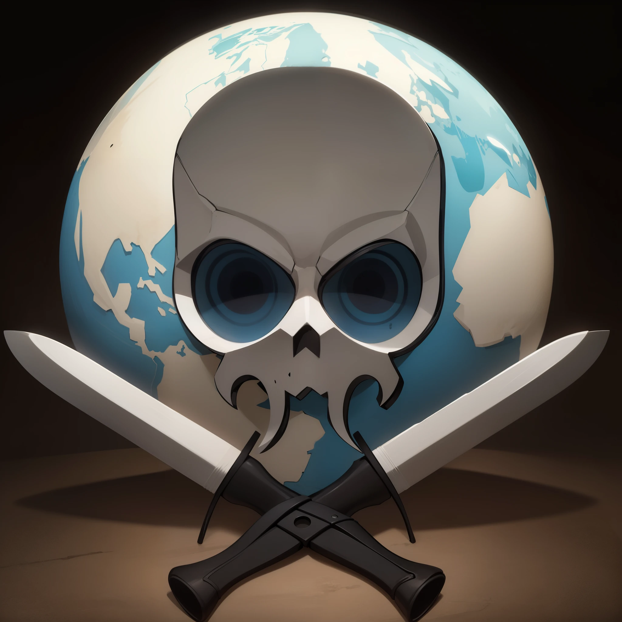 there is a skull and two knives with a globe in the background, dying earth, exterminatus on earth, post-apocalyptic earth, the world, ww 3, ww3, scythe design, invasion time on planet earth, free to kill and to die, world peace, skull, organ harvesting, dangerous, death of all, style of the game rimworld