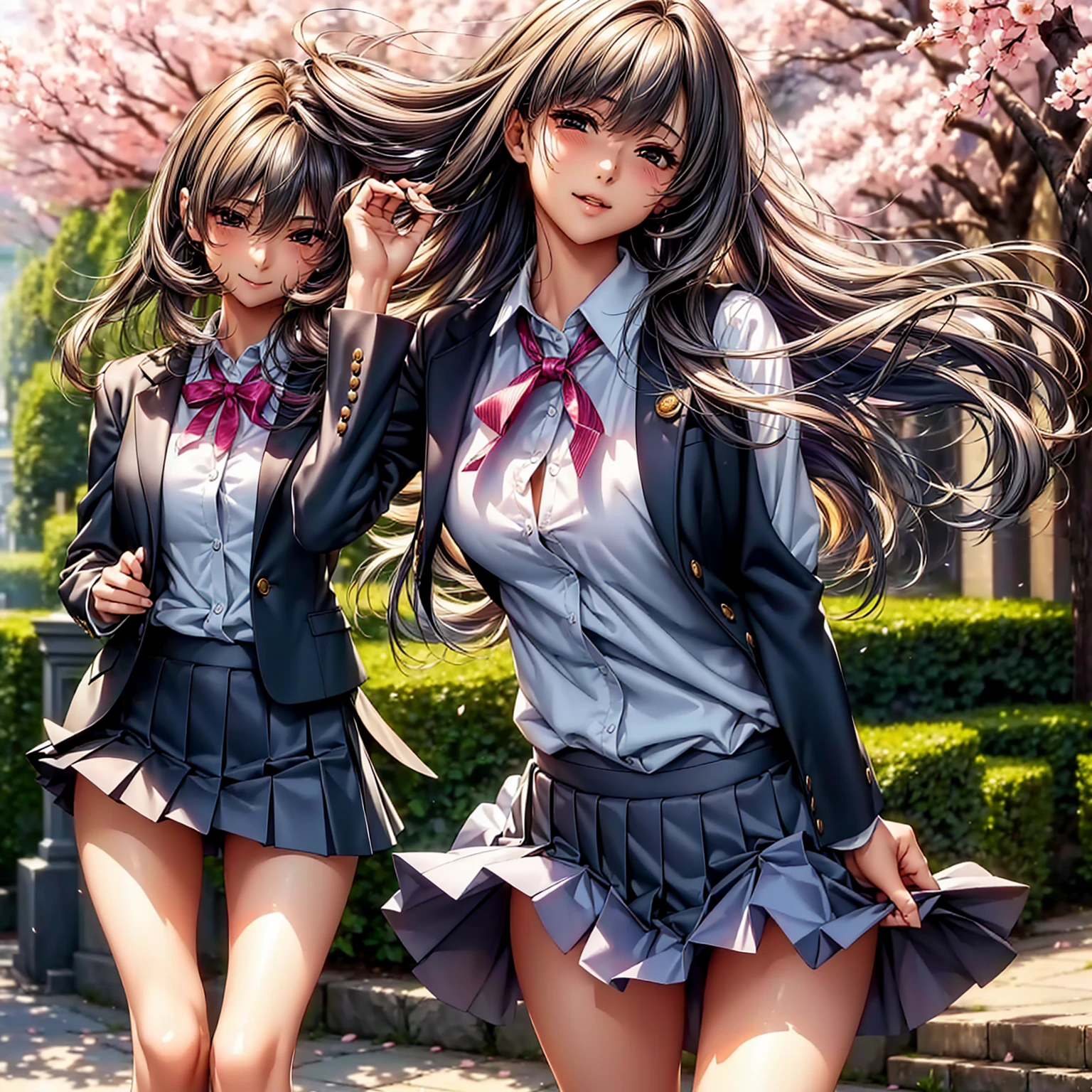 (((highest quality、masterpiece、very high resolution、High-definition images)))、beauty painting、One strong-willed beautiful girl:18-year-old、beautiful body:Slender, beautiful breasts and beautiful legs、beautiful face:smile、eyes with strong will,beautiful hair:various hairstyles 、(best skin and hair texture,realistic skin texture,realistic hair texture)、((high school uniform:blouse:ribbon:blazer:pleated skirt))、beautiful park、beautiful cherry blossoms、stone steps、beautiful sky、Natural light、beautiful scenery、beautiful pose、model shoot、(((The wind blows and flips my skirt:Panties are exposed))),Angle looking up from below,(((I can see inside the skirt:I can see your panties))),accurate image:1.5、accurate anatomy:1.5、Image without defects、perfect image、Overall image、(best shot、Raw photo: 1.2)