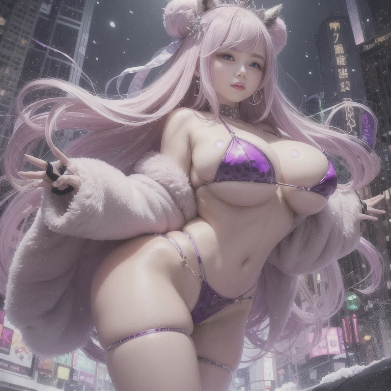 Upper body、one girl、I have blonde color、2 tone、(Pink highlight hair、bun hair、jewel design tiara、jewel design tiary、Super huge 、Very large shiny breasts、Purple leopard print glitter bra、off shoulder、fur coat、Sparkling jewel lace decoration on the body、leopard print lingerie、Countless glowing spheres float、heavy snow falls、in the street、look at the camera、Purple leopard print glitter pants、jewelry design garter belt、Fishnet tights、blush、White powder flying in the air、Blizzardが降っています、Blizzard、Sparkling snowflakes fall、The city is covered in snow、big snowman、snow rabbit、camel toe、huge tit、nipple puff、cleavage、Plump、Super big breasts、super big butt