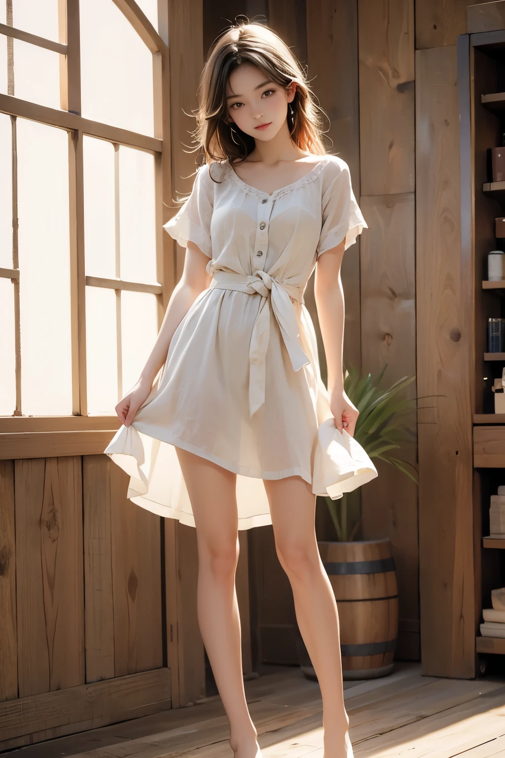 (masterpiece), (best quality), high resolution, 4K, girl, linen dress, perfect body, bare legs, sunny, stand, full body, posing
