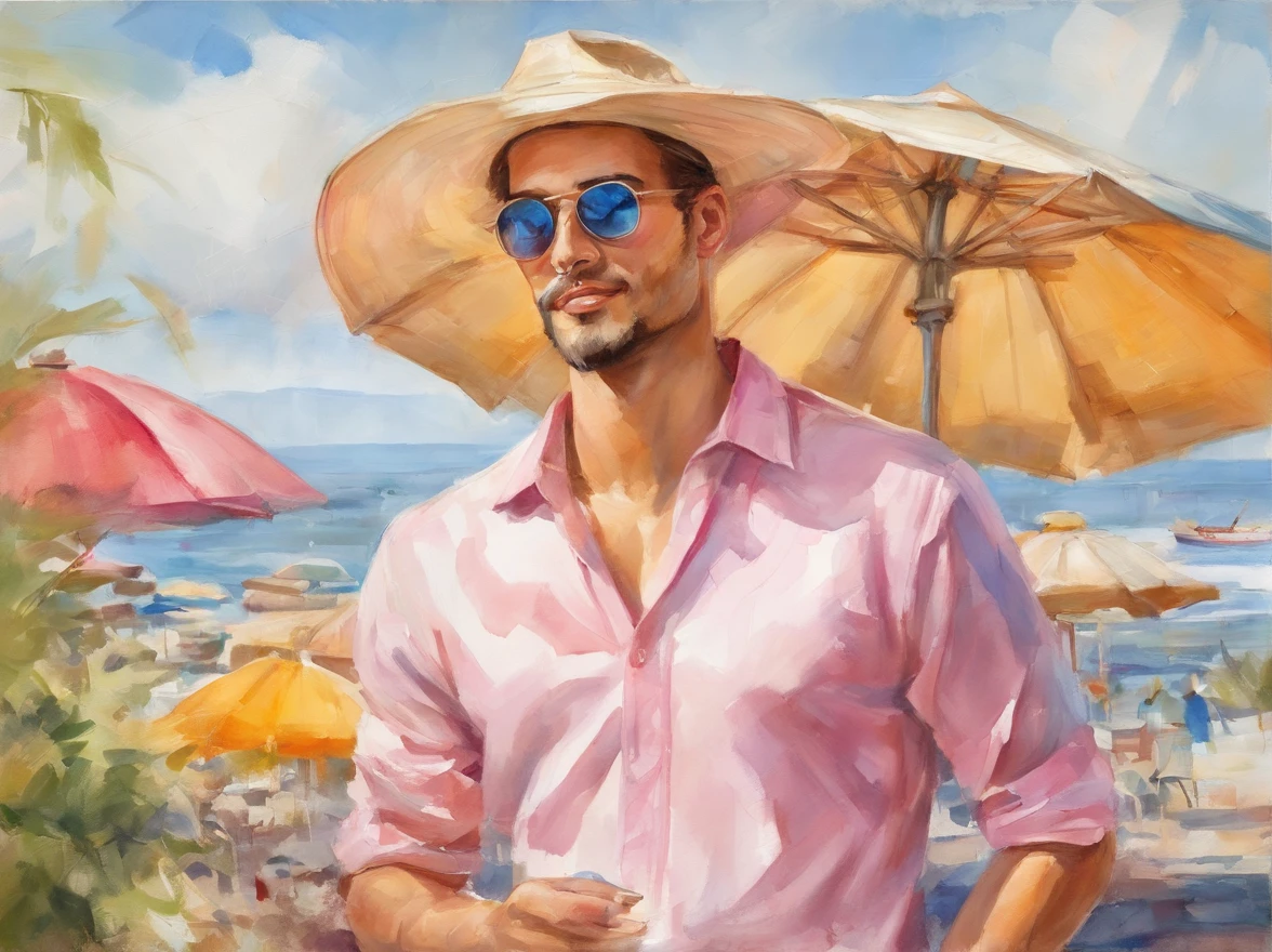 Handsome and sunny man in fashion trend, whole body: 1.6, holding robot toy, Random hairstyle, sitting under parasol, at the seaside, Suspender shorts in random colors, wind blowing hair, Blue sky and white clouds, Cover your chest, double eyelids, focused face, face close-up, ultra high definition, Super details, Ultra-thin and translucent, Fresh and good, perspective, Pink