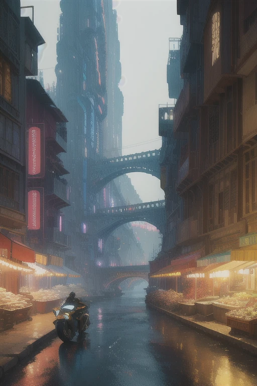 ((masterpiece)),((best quality)),((high detail)),((realistic,)) Futurist era city, deep gorges in the middle, architectural streets, bazaars, bridges, cyberpunk, European architecture, rainy night, neon, futuristic motorcycle