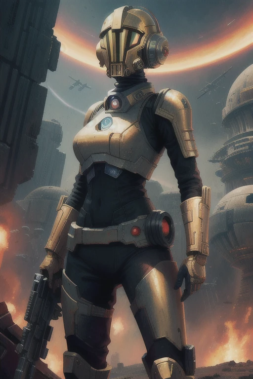 there is a woman holding a gun in front of a spaceship, ruined empire on the background, official character art, zombie from doom eternal, orianna, painting of c - 3 p 0, inspired by Sargent Johnson, heaven planet in background, juno promotional image, full helmet