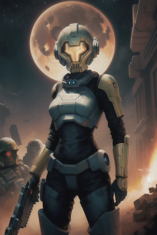 there is a woman holding a gun in front of a spaceship, ruined empire on the background, official character art, zombie from doom eternal, orianna, painting of c - 3 p 0, inspired by Sargent Johnson, heaven planet in background, juno promotional image, full helmet