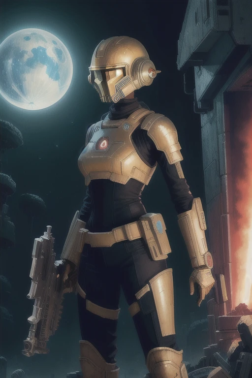 there is a woman holding a gun in front of a spaceship, ruined empire on the background, official character art, zombie from doom eternal, orianna, painting of c - 3 p 0, inspired by Sargent Johnson, heaven planet in background, juno promotional image, full helmet