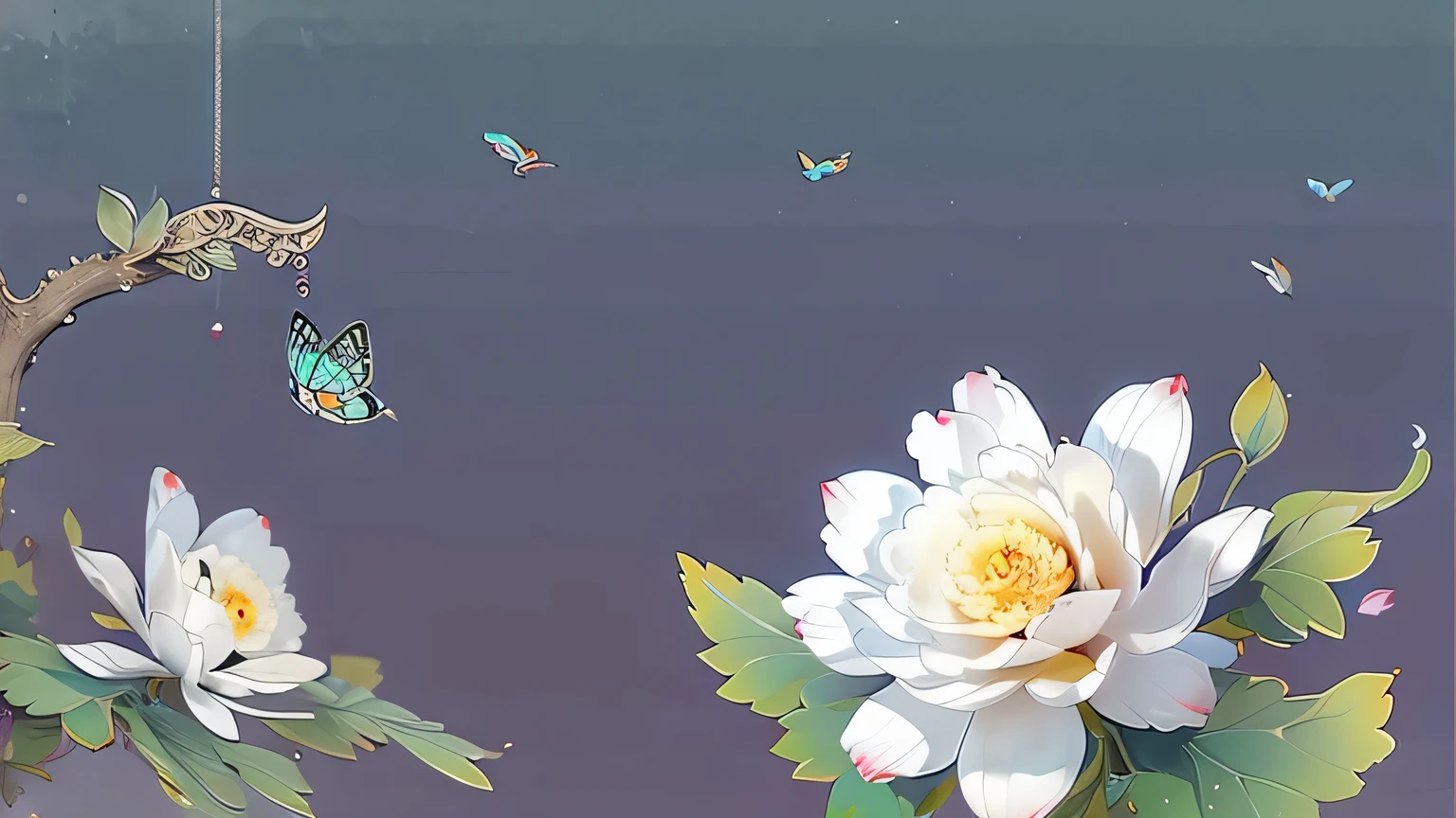 ancient china, peaceful, garden, dew drop on leaf, peony flowers grow crowded together, butterflies fly in the sky, spring, misty, no human, bright background