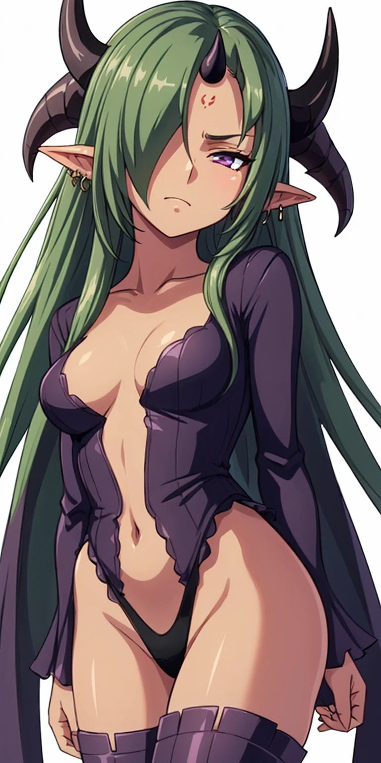 masterpiece, best quality, 4k, face close-up, portrait, 1girl, solo, beige hair, light green hair, pale green hair long hair, purple eyes, empty eyes, small breasts, (oni girl, oni horns, forehead horns), serious, neutral, white blouse, one piece blouse, medieval fashion, standing, arms behind back, looking at viewer, white background, simple background, transparent background