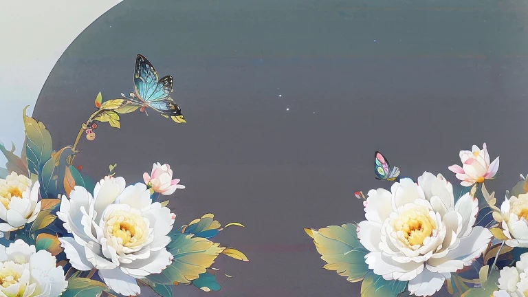 ancient china, peaceful, garden, dew drop on leaf, peony flowers grow crowded together, butterflies fly in the sky, spring, misty, no human, creamy bright background