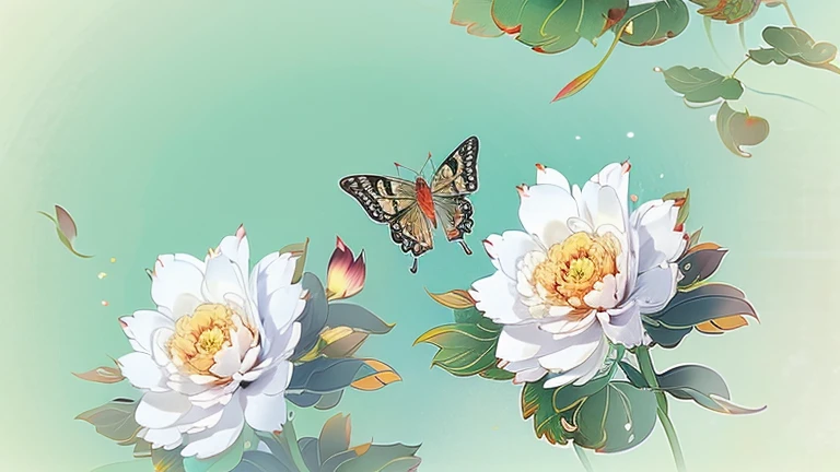 ancient china, peaceful, garden, dew drop on leaf, peony flowers grow crowded together, butterflies fly in the sky, spring, misty, no human, creamy bright background