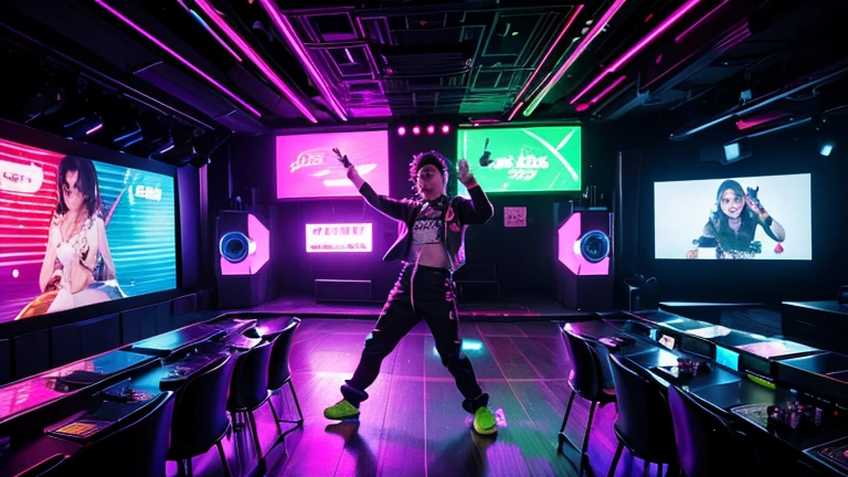 "Theme: In the Rhythm of Electronic Karaoke
Visualize an immersive scene that depicts a character immersed in the energy of karaoke, passionately singing popular electronic songs as visual and sound effects transform the environment into a futuristic party. This image should capture the vibrancy and excitement of electronic music, combining elements of action and entertainment in a cinematic setting. Focus on the details to convey the energy of the moment: the pulsating lights and neon effects that illuminate the room, the character's infectious expression of fun and excitement as he sings, the intricate details of the karaoke equipment, and the expressive gestures of your hands. Use a vibrant and saturated color palette that reflects the festive and futuristic atmosphere of the setting, with design elements that evoke the aesthetics of electronic music. Adopt a cinematic style that captures the dynamics and emotion of the scene, with dynamic camera angles and camera movements that keep pace with the music. Ensure every detail is meticulously rendered, creating an image that conveys the infectious energy of electronic karaoke and leaves a lasting impression on the viewer.”
