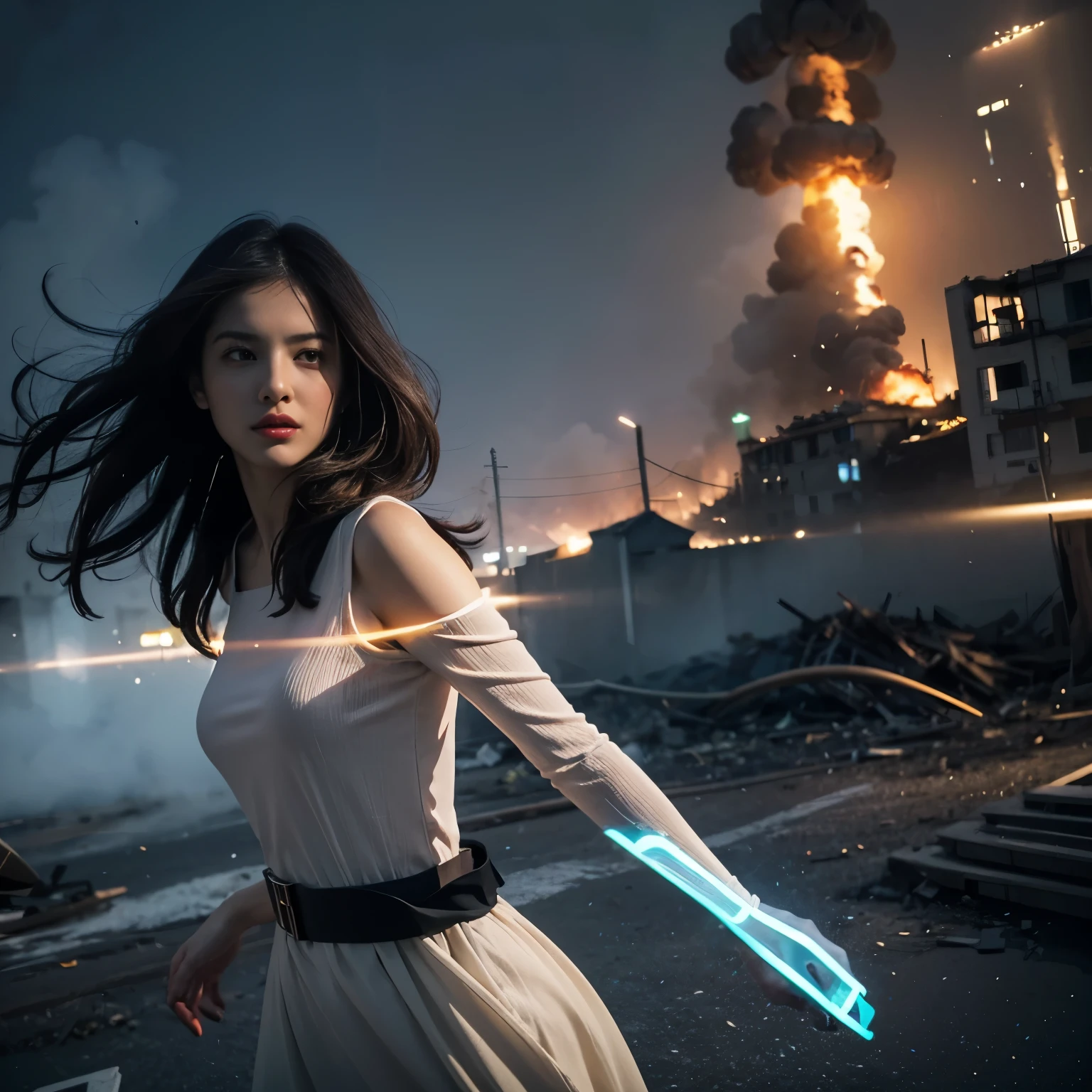 (highest quality、4k、8k、High resolution、master piece: 1.2)、Super detailed、(real、photorealistic、photorealistic: 1.37)、Destruction of a Great City、(A telekinetic woman stands in front of a spaceship controlled by the invaders:1.37) 、(Women are young and beautiful、18-year-old、unparalleled beauty:1.5)、Insert mental barriers to resist robot attacks、vibrant cityscape、Bright colors、Shining skyscrapers、busy street、Futuristic architecture and technology、Advanced holographic display、Neon light splashes 、dramatic lighting、intense shadow、Awe-inspiring power that exudes from women、Determination in His Eyes、An elegant flowing gown、Dynamic action in the wind、Reach out and rush towards the robot.、A powerful energy emanates from the hands、Blue glowing aura、sparks of electricity、electricity crackling in the air、A vortex of energy surrounding a woman、A fascinating and surreal atmosphere、A sense of danger and impending destruction、Background chaos and destruction、Crumbling buildings、flying debris、Smoke and flames、 The contrast between beauty and destruction、The war between technology and the extraordinary power of young women,strider,EdobTWOTWTripod