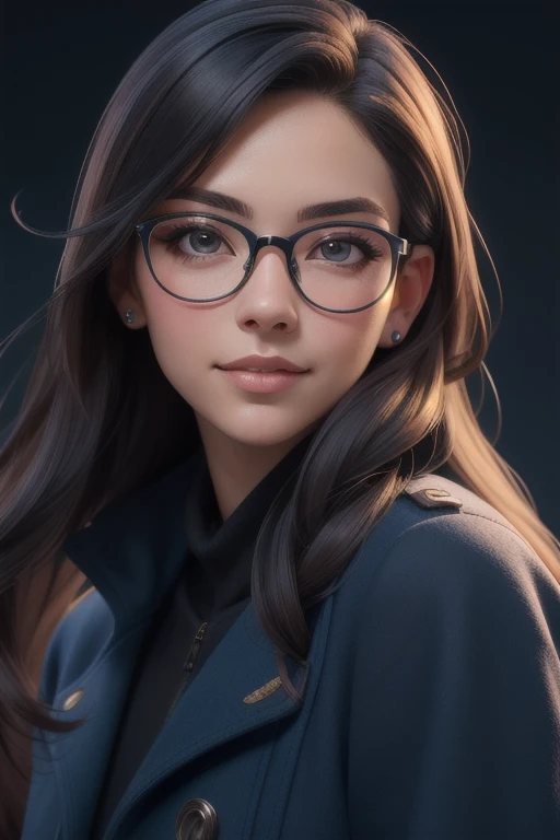 (best quality, masterwork:1.2), ultra-detailed, realistic:1.37, young woman with glasses, stunning long hair, wearing a dark blue coat, beautiful detailed face, confident expression, close-up view, simple background, vivid colors, bokeh, facing viewer,