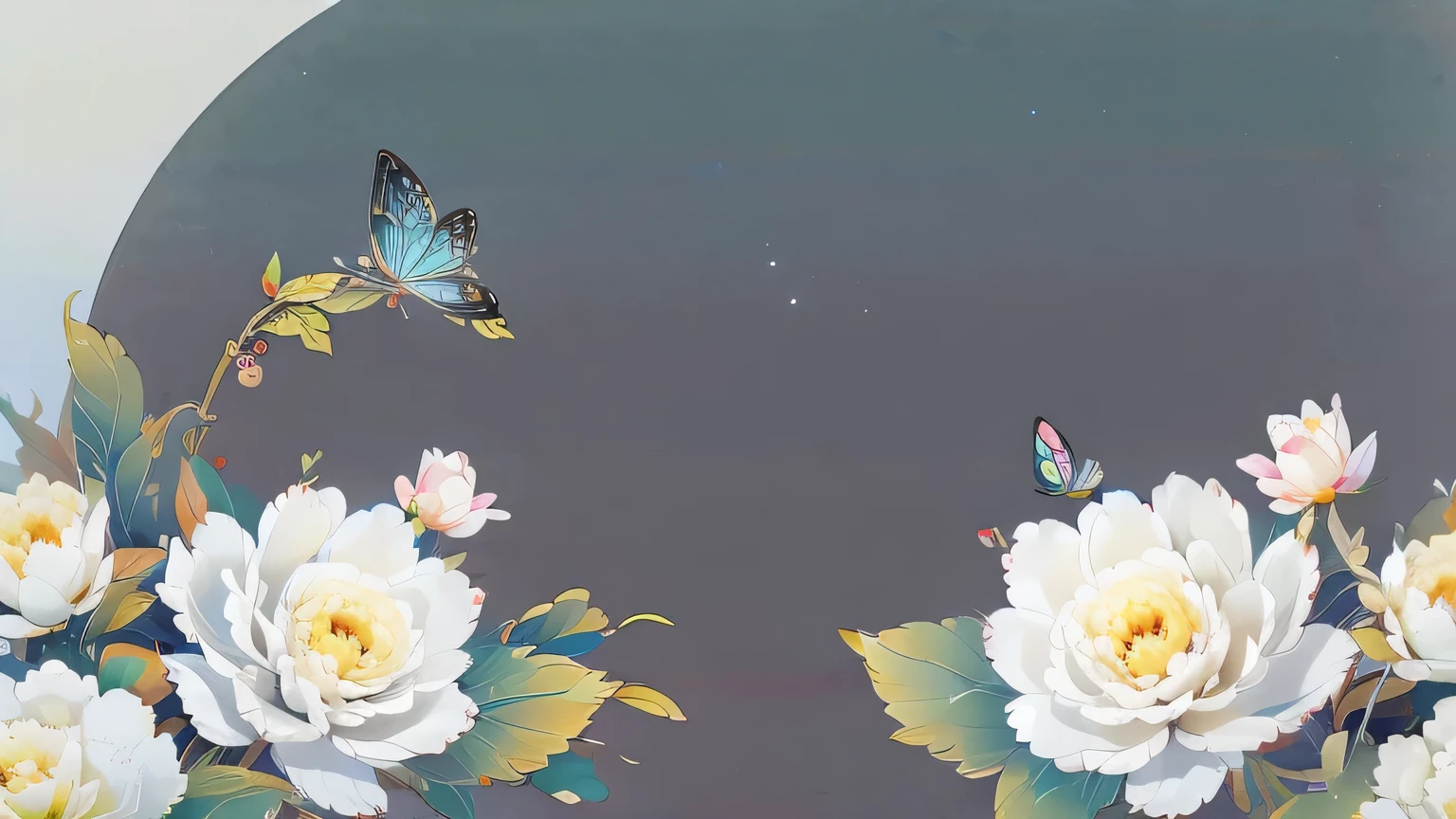 ancient china, peaceful, garden, dew drop on leaf, peony flowers grow crowded together, butterflies fly in the sky, spring, misty, no human, creamy bright background