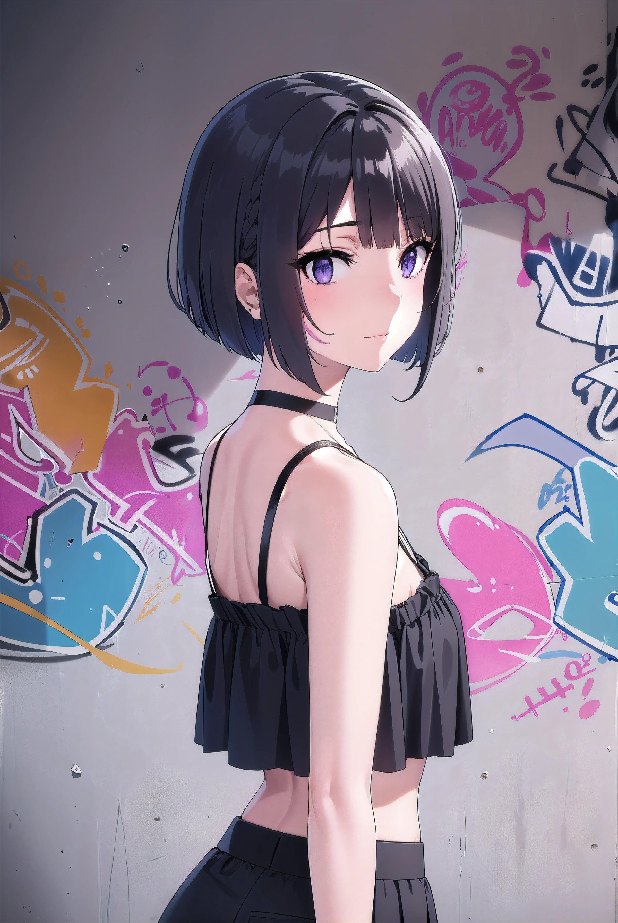 masterpiece, best quality, 1girl, solo, stylish crop top, smile, hair ornaments, vibrant short hair, black hair, bobhair, short-hair, short bob hair, (((bobcut))), bob haircut, very short bob cut, lip length hair, blunt ends, (sliced_bob), buzzed nape ((haircut:1.0)), undercut, bobbed hair, minibob, sidecut, shaved, purple eyes, graduation bob, straight short hair, short hair above the ears, (showing armpit:1.0), Shot diagonally from the side, elegant braid, soft bangs, upper body, alluring choker, (graffiti:1.5), artistic paint splatter, seductive arms behind back, leaning against wall, exposed back, fashionable armband, urban hiphop style, flirty skirt, playful head tilt, intense expression, warm orange, dynamic asymmetrical design, bold geometric shapes, creative street art