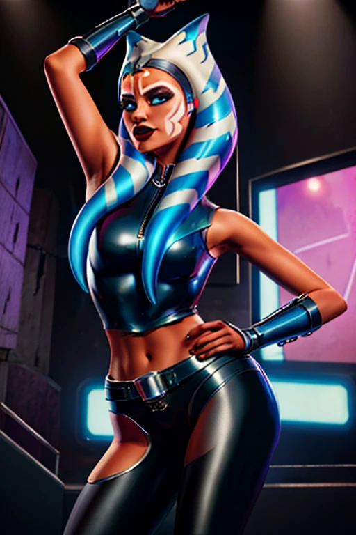 Ahsoka as a 20-year-old Pop Star, in high definition 3D, cyberpunk style, stylish, wearing black leather sleeveless clothes, blue-black leather pants with a silver zipper and belt below the waist, dancing and singing on stage