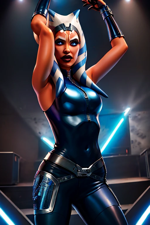 Ahsoka as a 20-year-old Pop Star, in high definition 3D, cyberpunk style, stylish, wearing black leather sleeveless clothes, blue-black leather pants with a silver zipper and belt below the waist, dancing and singing on stage