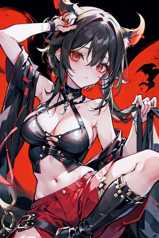 Una chica de cabello ojos rojo. Cuerpo completo pechograndes con un lunar al lado Del ojo izquierdo, demon she is wearing a top with red lace and cuffed pants and heels. cuerpo completo completo
