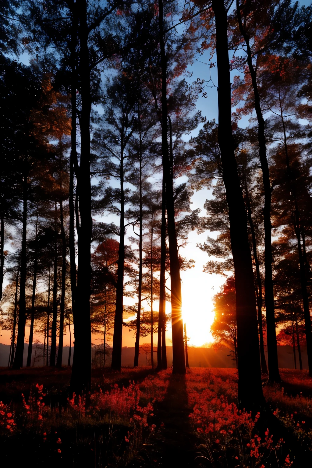 sunrise in a wood, red and blue sky, fiery sun, silhouette of trees and flowers