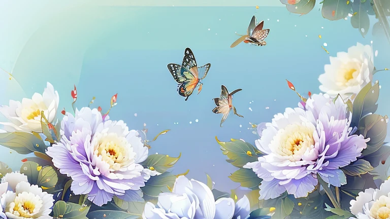 ancient china, peaceful, garden, dew drop on leaf, peony flowers grow crowded together, butterflies fly in the sky, spring, misty, no human, bright pastel-colored background