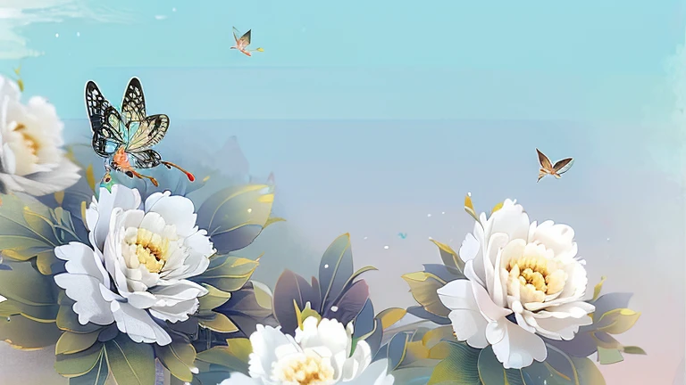 ancient china, peaceful, garden, dew drop on leaf, peony flowers grow crowded together, butterflies fly in the sky, spring, misty, no human, bright pastel-colored background