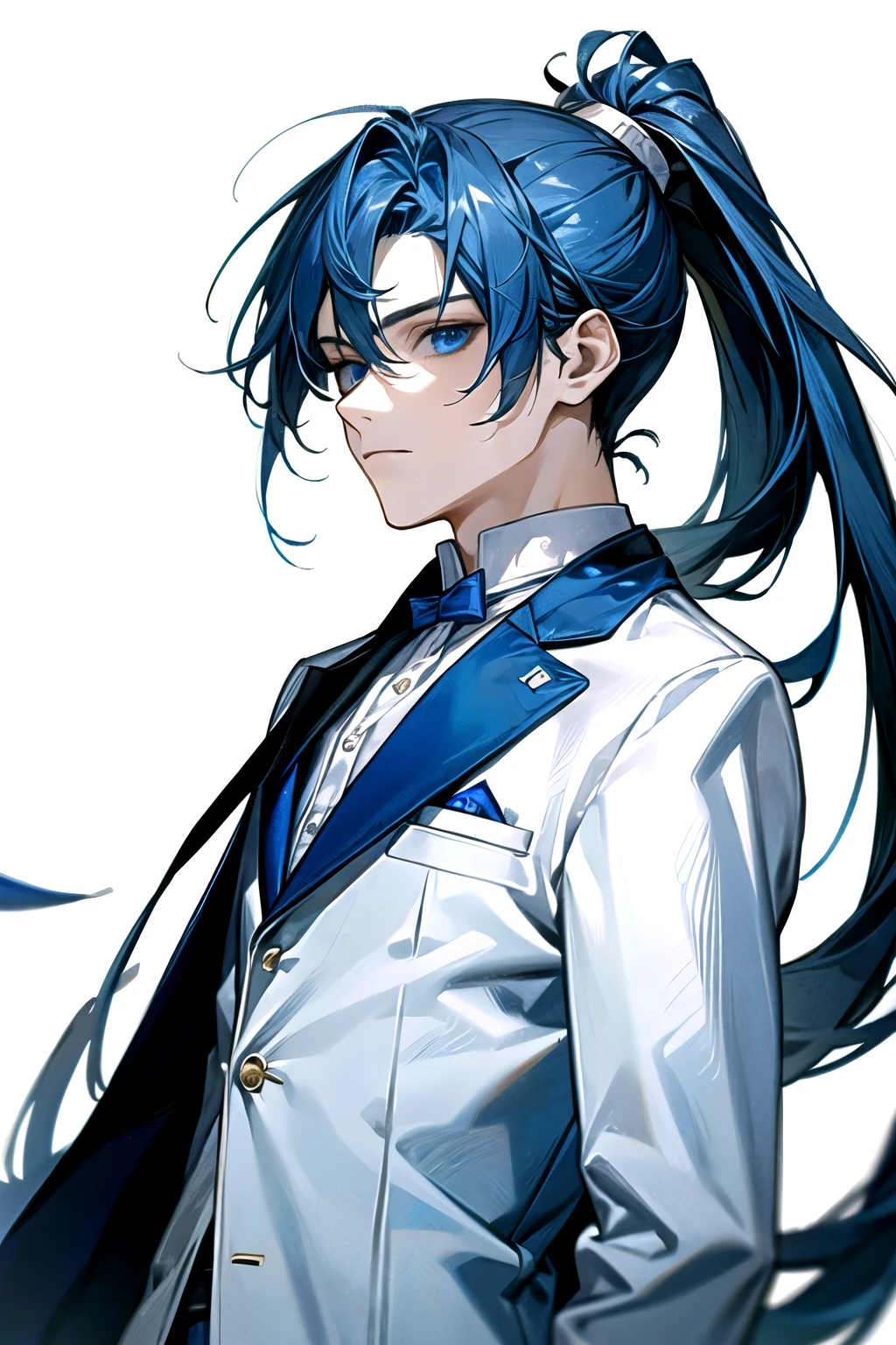 ((Masterpiece)), Best Quality, Ultra Detailed, Floating, High Resolution, (1 boy), long ponytail, blue hair, blue eyes, white shirt, white blazer