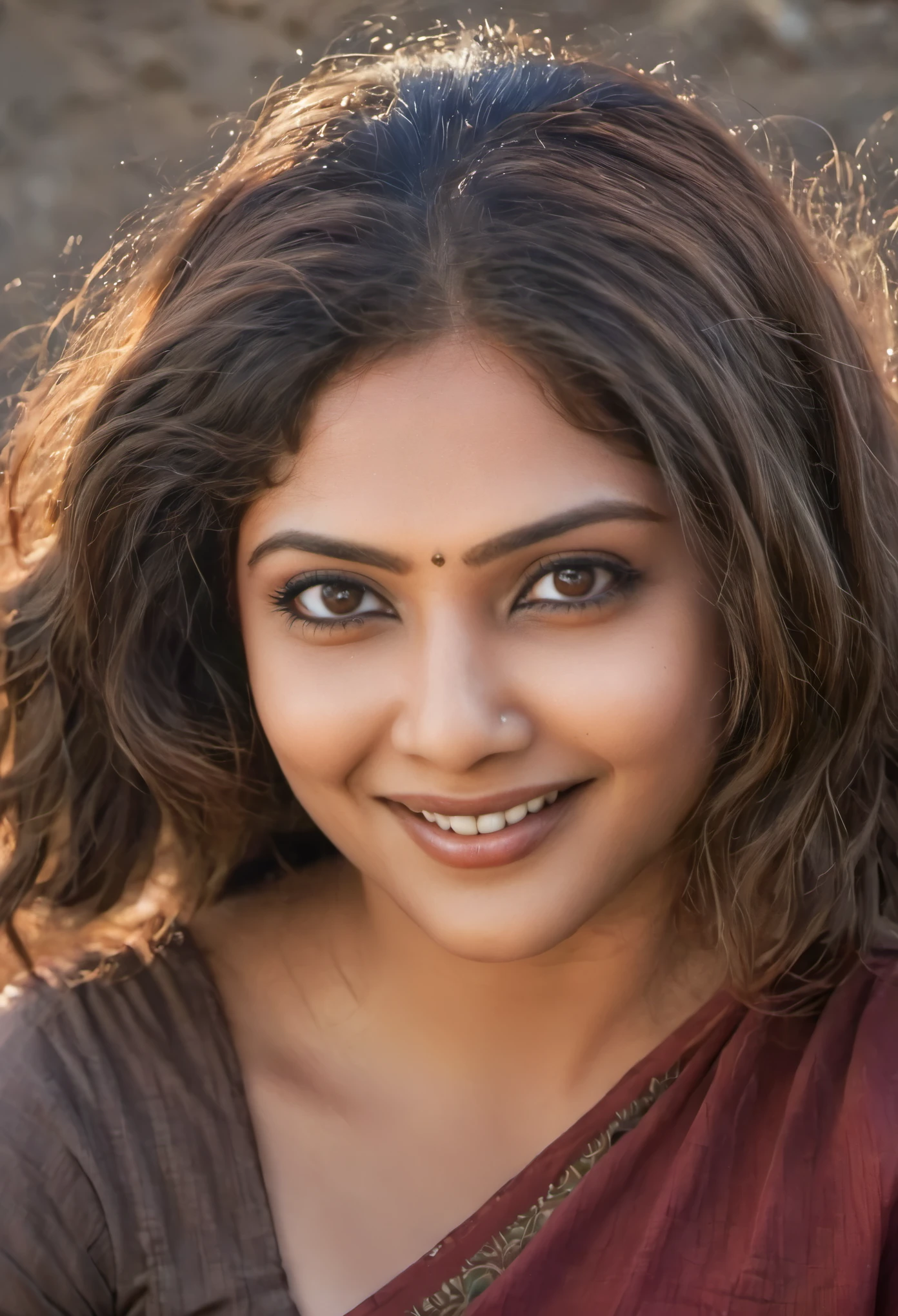 rmx, 30 year old indian woman, brown wavy hair, longeyelashes, solid circle eyes, light smile, Surrealism, drop shadow, atmospheric perspective, Conceptual art, Renaissance, 8k, super detail, ccurate, best quality