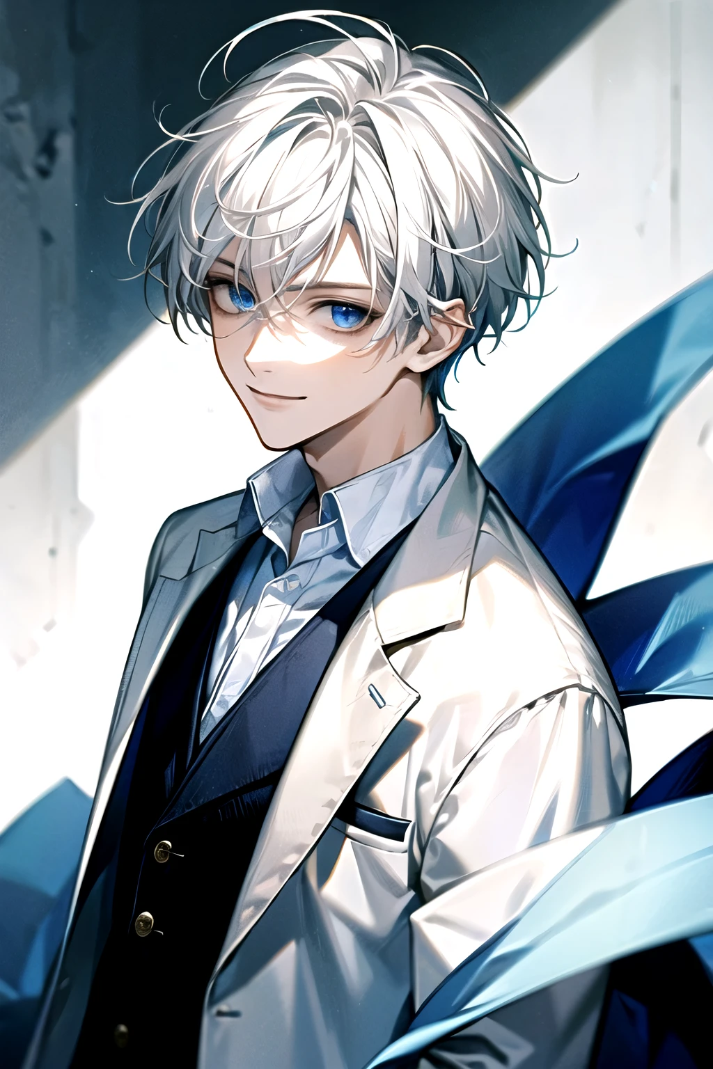 ((Masterpiece)), Best Quality, Ultra Detailed, Floating, High Resolution, (1 boy), short hair, white hair, blue eyes, smile facial, white shirt, white blazer