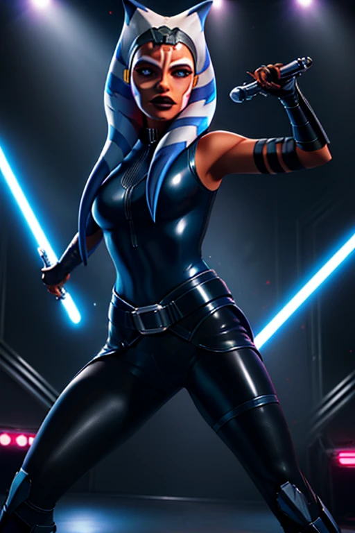 Ahsoka as a 20-year-old Pop Star, in high definition 3D, cyberpunk style, stylish, wearing black leather sleeveless clothes, blue-black leather pants with a silver zipper and belt below the waist, dancing and singing on stage