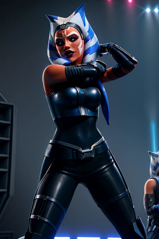 Ahsoka as a 20-year-old Pop Star, in high definition 3D, cyberpunk style, stylish, wearing black leather sleeveless clothes, blue-black leather pants with a silver zipper and belt below the waist, dancing and singing on stage