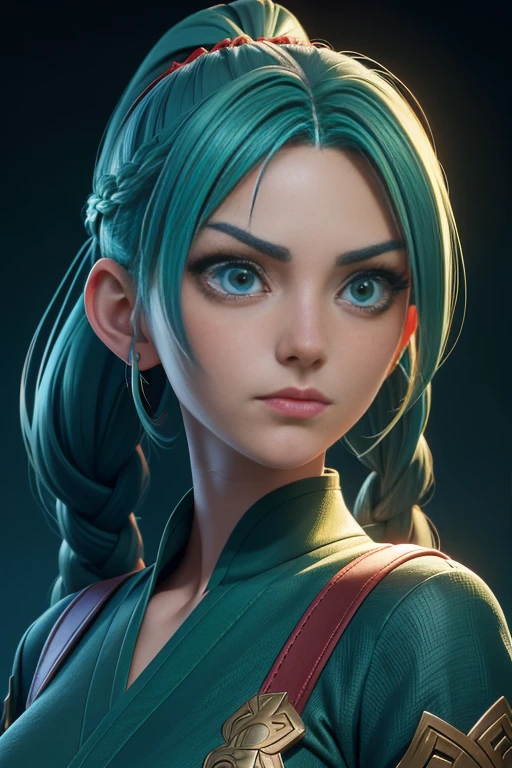 anime, hda, a close up of a woman with ((red braided low ponytail hair)) and (((the most beautiful green eyes))) in (((blue outfit))), (((determined)), 8k, Unreal Engine 5, octane render, by kyun, gamang, Yoon Gon-Ji, g.ho, gosonjak, shuroop, serious, domi, noah, trending on pixiv, fanbox, skeb, masterpiece, detailed face, smooth soft skin, big dreamy eyes, beautiful intricate colored hair, symmetrical, anime wide eyes, soft lighting, concept art, digital painting,