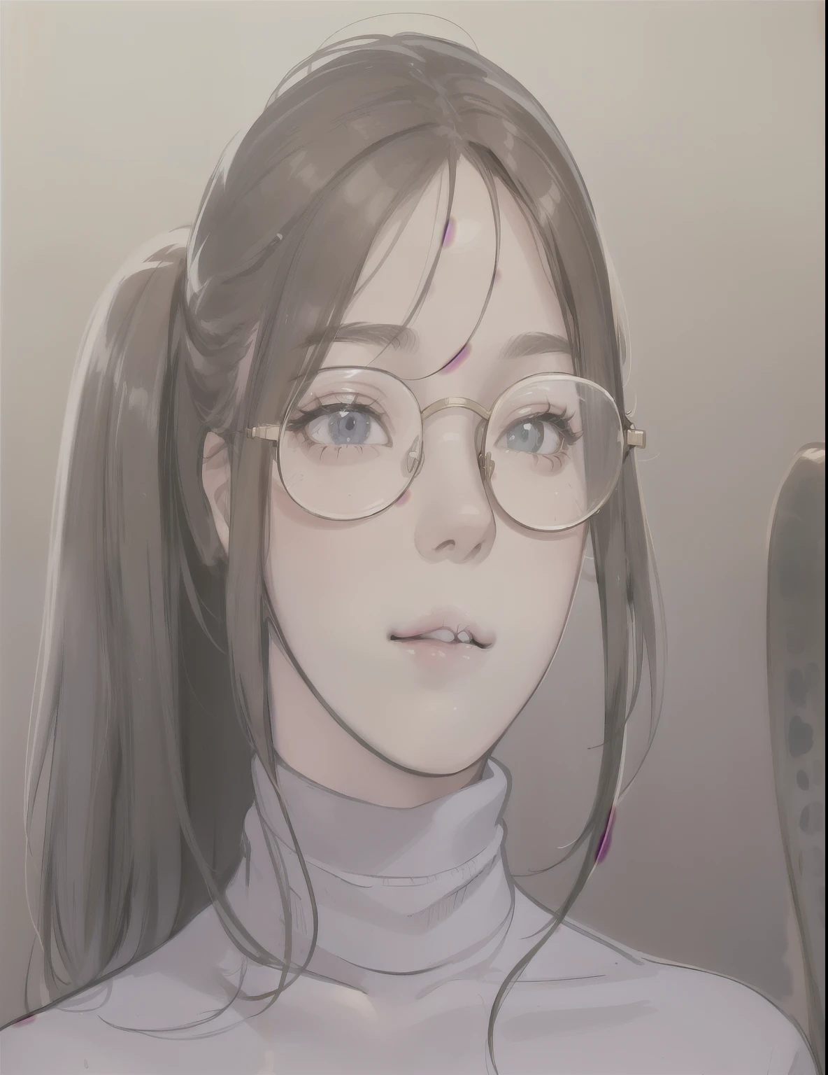 Cute a close up of a woman wearing glasses and a turtle neck sweater, kawaii realistic