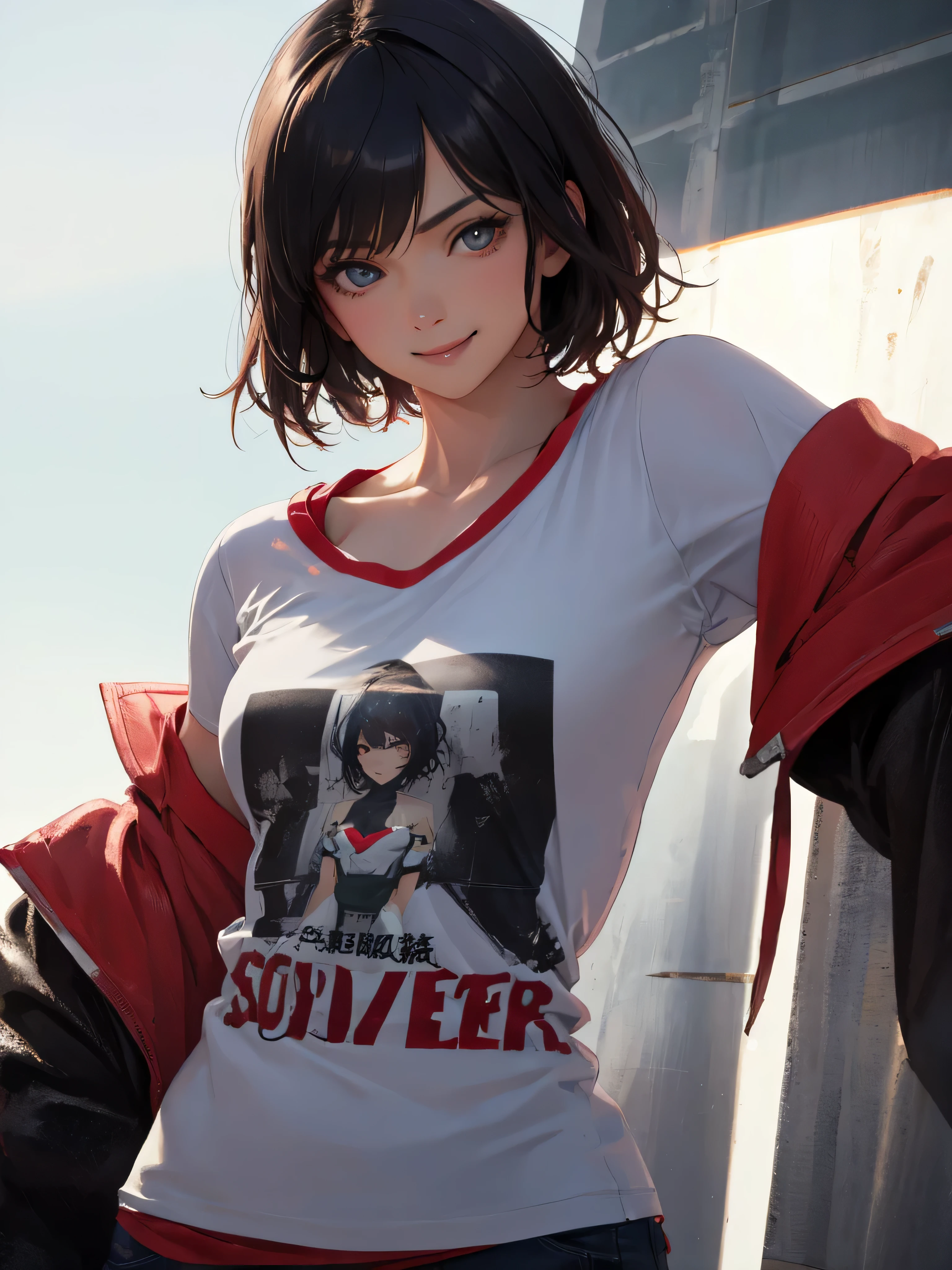 highest quality, ultra high resolution, (realistic: 1.4), beautiful Eyes, Super beautiful, very short hair, beautiful, lover, T-shirt with rough chest, beautiful Soldier, Eyes that invite the viewer, lover&#39;s perspective, inviting look, sexy smile, perfect style, perfect balance, fine skin, naughty look, I can see your chest