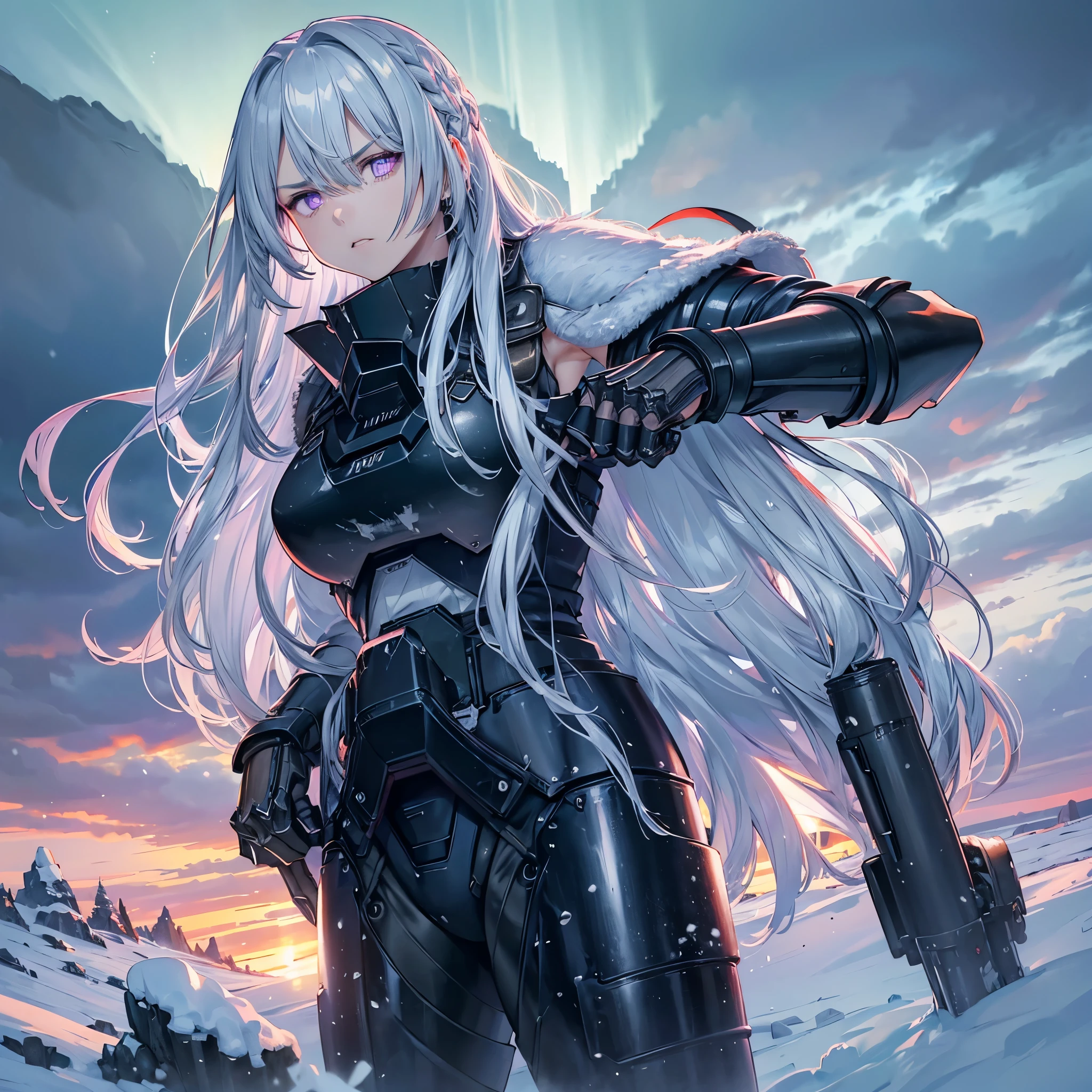 (best quality,4k,highres,masterpiece:1.2), realistic,portrait,detailed heavy armor,winter landscape,silver hair,purple eyes,muscular,strong warrior,serious face,harsh environment,cold region,snow-covered mountains,determination,strength,heroic,stoic expression,snowflakes,crystal-clear air,icy breath,wintertime,the sound of crunching snow,wind howling in the distance,imposing figure,firm stance,steel armor plates,glowing sword,sharp icicles,subdued color palette,eerie silence,epic battle scene,gritty and rugged,steely determination,ethereal beauty,otherworldly,mythical warrior,unyielding spirit,northern lights piercing the sky.
