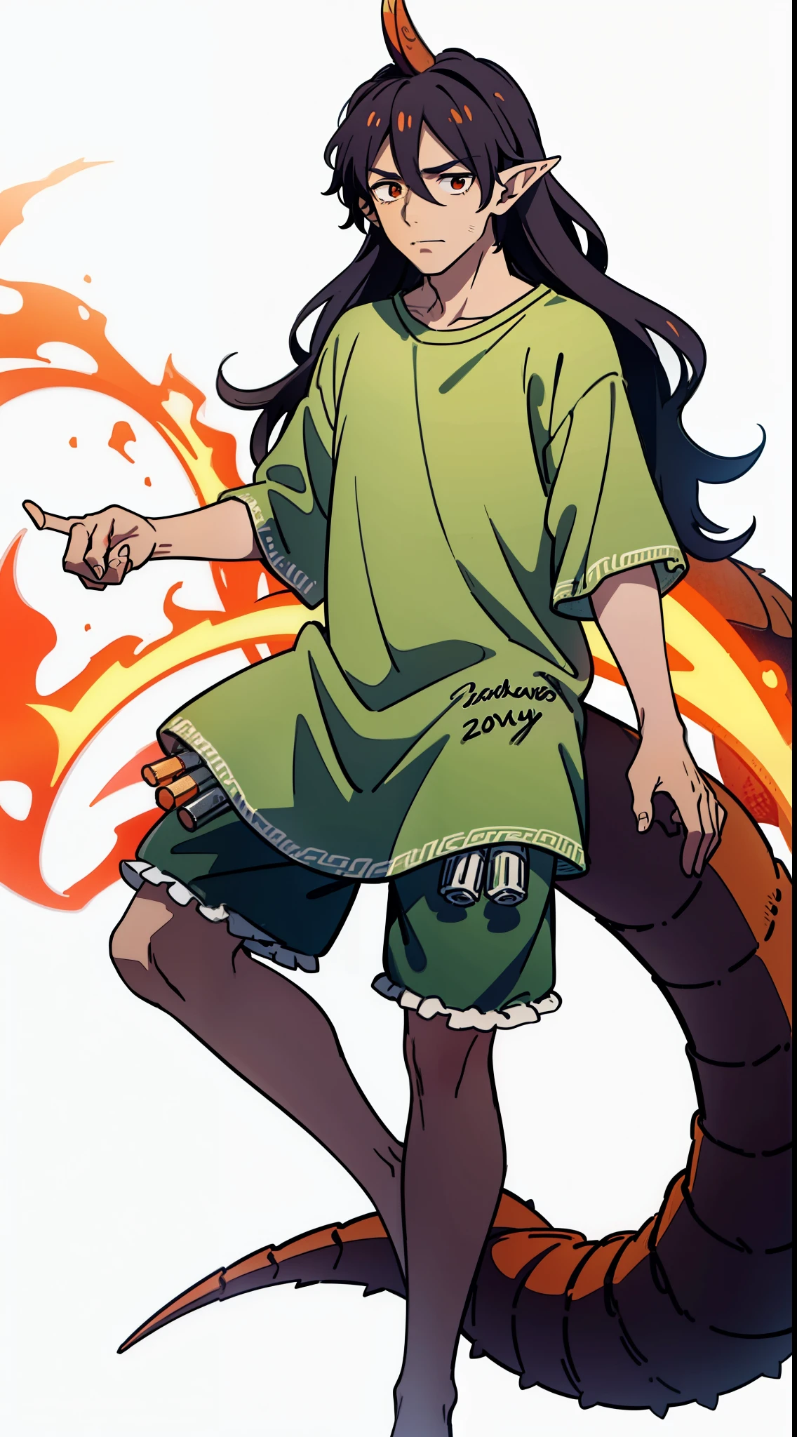 (1boy,20 years,solo,serious,mature male),((dark skin)),black hair,elf ears,(horns),cowboy shot,(white background),((orange dragon tail)),full body
