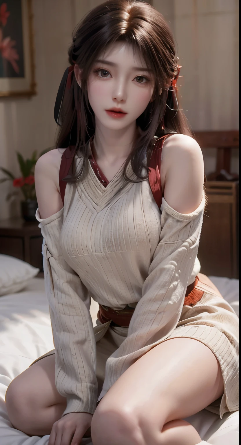 (masterpiece:1.3),(8K,Light reality,original photography,Top图像质量:1.4),Japanese high school  girl、(Random hairstyle:1.2)、Big breasts:1.2、big breasts、round butt、full、Super thin face、Eye for details、double eyelids、bring your breasts together、Sharp focus:1.2、Beauty:1.4、black hair、long hair，Red head rope，brown eyes，Top、、Super quality、Ultra-peak A high resolution、(Light reality:1.4)、Highly detailed and professional bright smile、Loose and lightweight knitwear、Shoulders、Slender、serious facial expression、posture of fate